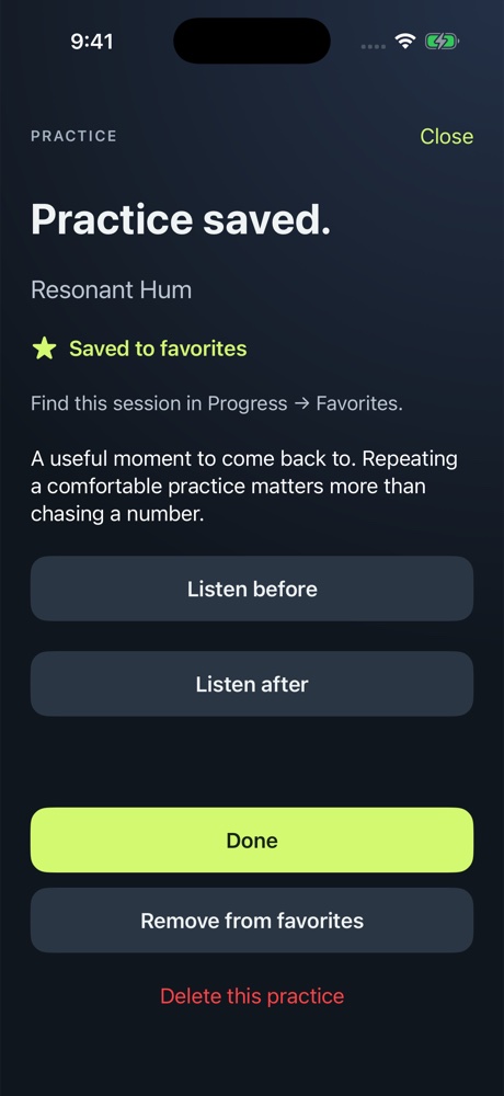 Saved VoiceMaxx practice session with Listen before and Listen after controls