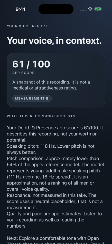 VoiceMaxx Voice Depth and Presence report showing illustrative measurements